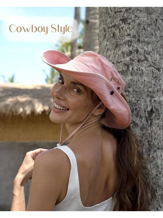 〽️Women Pink Ponytail UPF 80+ Wide Brim Packable Cowboy Hat Beach Sun Hat